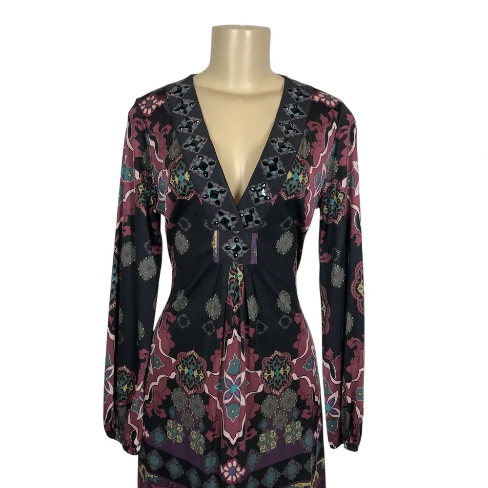 Hale Bob Beaded V-Neck Multicolor Paisley Print Mini Dress Size S Y2K Boho - Picture 3 of 8